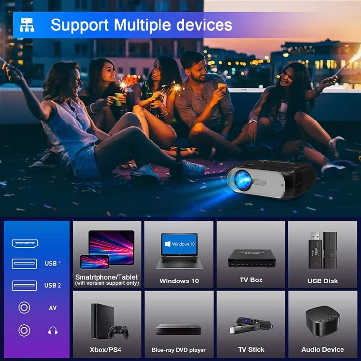 T7 1080P HD Video Mini Projector Portable 200ANSI Movie Projector with Synchronize Smartphone Screen Function - US Plug