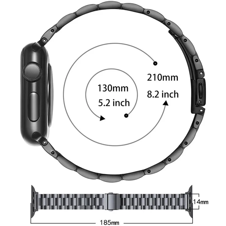 For Apple Watch Series 10 46mm / Ultra 2 Ultra 49mm / Series 9 8 7 45mm / 6 5 4 SE (2023) SE (2022) SE 44mm / 3 2 1 42mm Three Beads Metal Watch Band Slim Bracelet Strap - Black