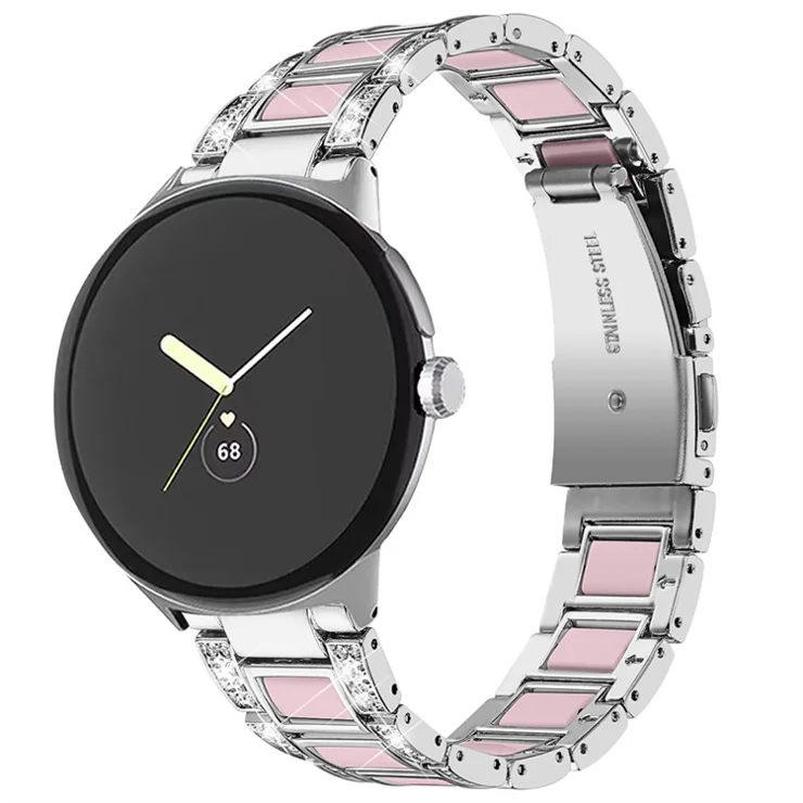 For Google Pixel Watch 2 / Pixel Watch Stainless Steel Resin Band Bracelet Rhinestone Decor Replacement Wristband - Sliver / Pink
