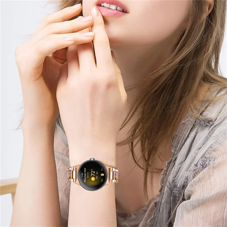 For Google Pixel Watch 2 / Pixel Watch Stainless Steel Resin Strap Bracelet Rhinestone Decor Replacement Wristband - Rose Gold / Rainbow