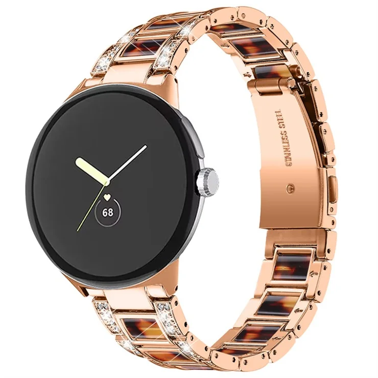 For Google Pixel Watch 2 / Pixel Watch Stainless Steel Resin Strap Bracelet Rhinestone Decor Replacement Wristband - Rose Gold / Tortoiseshell Color