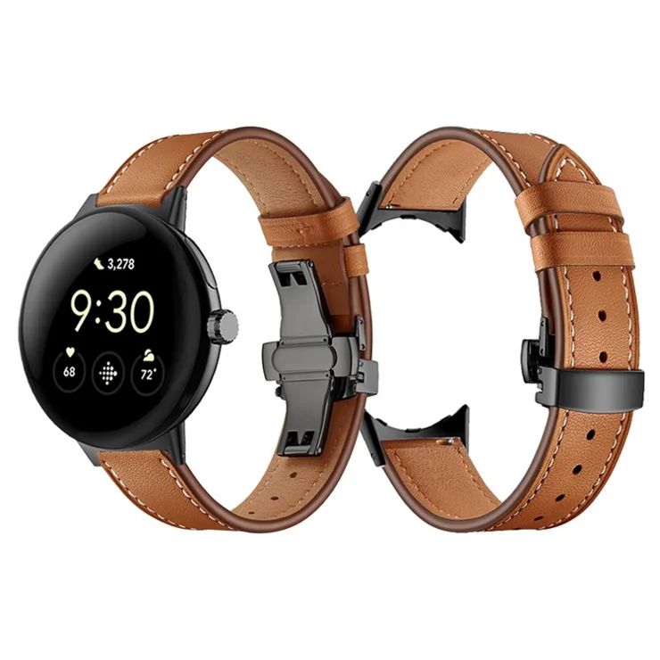 Butterfly Buckle Genuine Leather Strap for Google Pixel Watch 3 41mm / Watch 2 / Pixel Watch Replacement Watch Band - Black Buckle / Brown