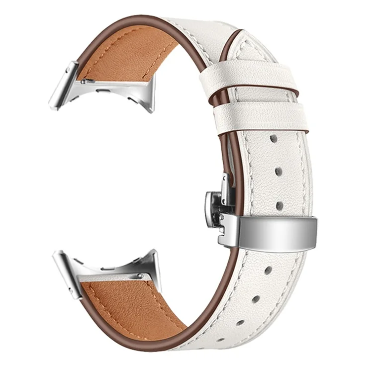 Butterfly Buckle Genuine Leather Strap for Google Pixel Watch 3 41mm / Watch 2 / Pixel Watch Replacement Watch Band - Silver Buckle / Apricot