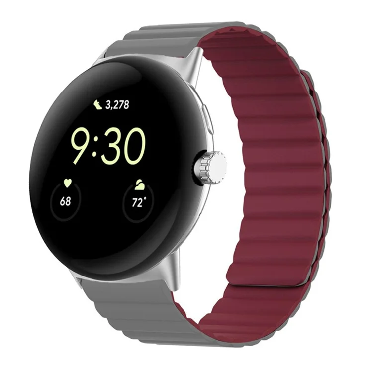 For Google Pixel Watch 2 / Pixel Watch Magnetic Smartwatch Band Soft Silicone Adjustable Replacement Strap Wristband - Grey / Wine Red