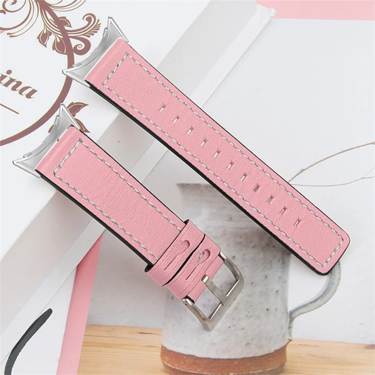 Stitching Watch Band for Google Pixel Watch 2 / Pixel Watch Genuine Leather Watch Strap Replacement Part - Pink