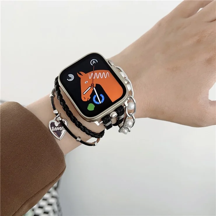 Watch Strap for Apple Watch Series 10 42mm / 9 8 7 41mm / SE (2023) SE (2022) SE 6 5 4 40mm / 3 2 1 38mm Metal Leather Band Heart Pendant Bracelet - Black