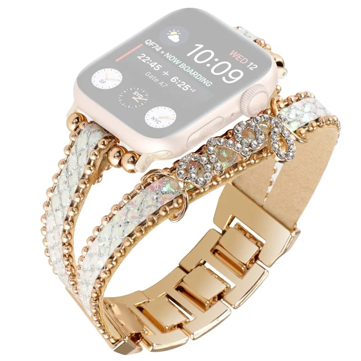 Watch Strap for Apple Watch Series 10 42mm / 9 8 7 41mm / SE (2023) SE (2022) SE 6 5 4 40mm / 3 2 1 38mm Leather+Metal Watch Strap with Rhinestone - White