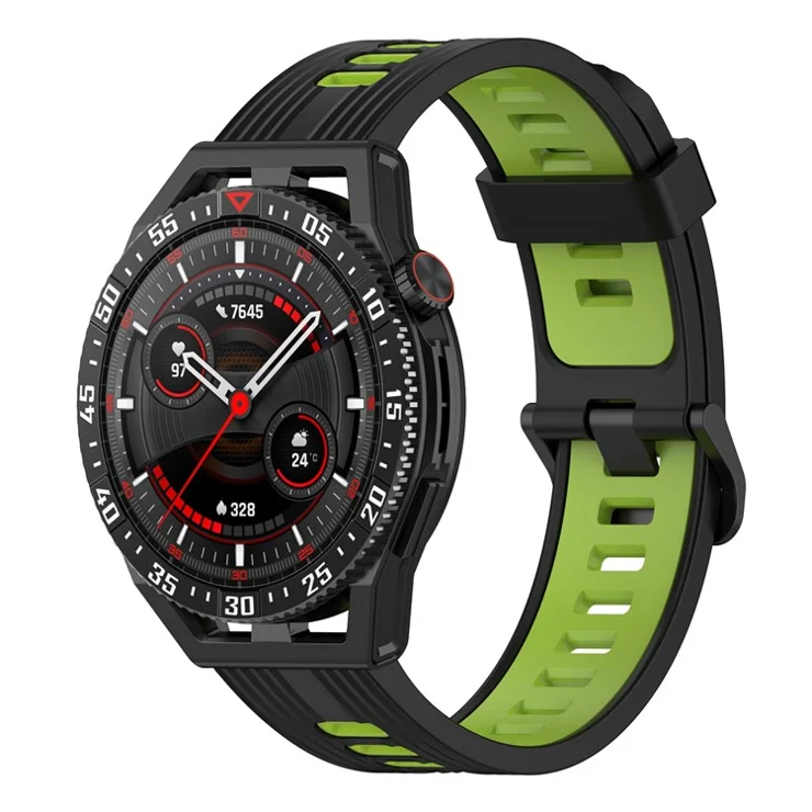 For Huawei Watch GT 3 SE / Samsung Galaxy Watch3 45mm Silicone Watch Band 22mm Dual Color Stripes Wrist Strap - Black / Lime