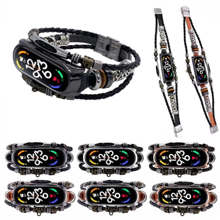 For Xiaomi Mi Band 7 / 7 NFC Leather Watch Band Ethnic Beaded Wrist Strap with Metal Watch Case - Black / Black Case