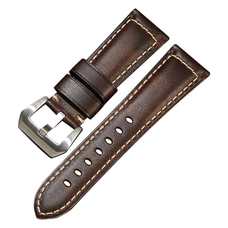 Genuine Cow Leather Watchband 26mm Universal Retro Watch Strap - Dark Brown / Silver Buckle