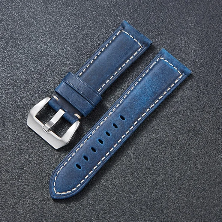 Genuine Cowhide Leather Watch Band for Smart Watch 26mm Universal Retro Watch Strap with Buckle - Sapphire / Silver