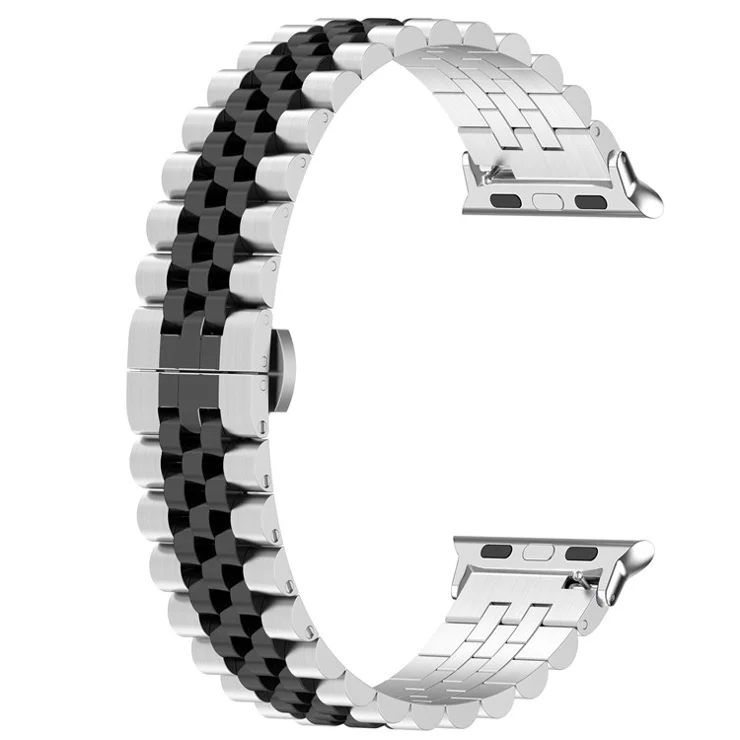 For Apple Watch Series 10 46mm / Ultra 2 Ultra 49mm / Series 9 8 7 45mm / 6 5 4 SE (2023) SE (2022) SE 44mm / 3 2 1 42mm Metal Watch Straps 5 Beads Stainless Steel Band with Tool - Silver / Black A