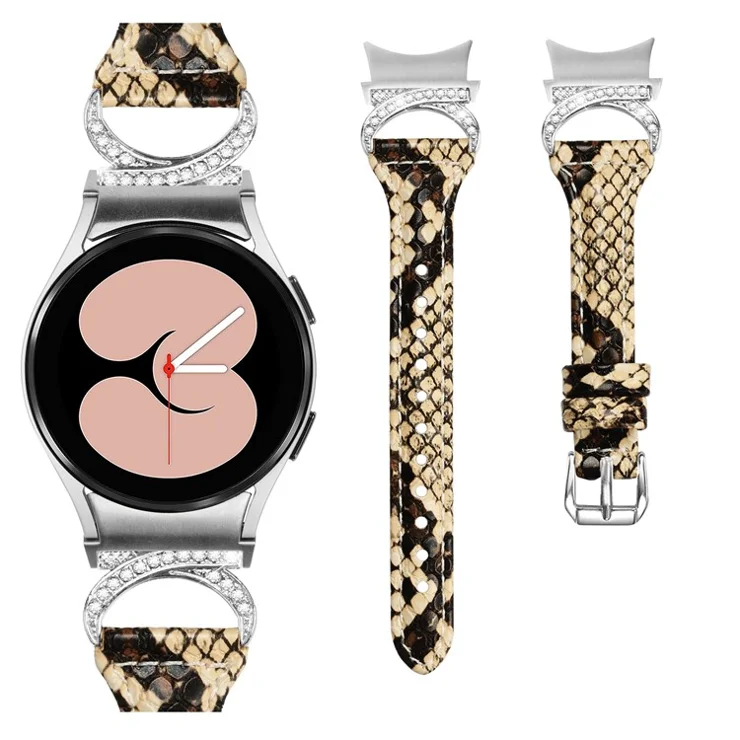 For Samsung Galaxy Watch6 40mm 44mm / Watch6 Classic 43mm 47mm / Watch 5 40mm 44mm / Watch4 40mm 44mm Watch Strap PU Leather Rhinestone Watchband with Silver Buckle - Brown