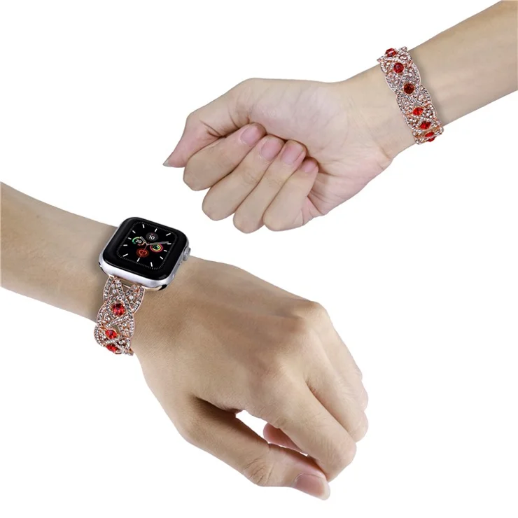 Waxy Cowhide Leather Watchband for Apple Watch Series 10 42mm / 9 8 7 41mm / SE (2023) SE (2022) SE 6 5 4 40mm / 3 2 1 38mm Rhinestone Decor Crossover Design Metal Waxy Strap - Rose Gold+Red