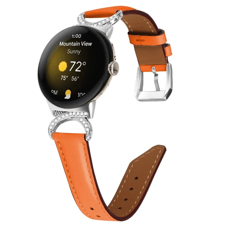 For Google Pixel Watch 2 / Pixel Watch Replacement Strap Rhinestone Decor D-shape Connector Split Leather Wrist Band with Silver Buckle - Orange