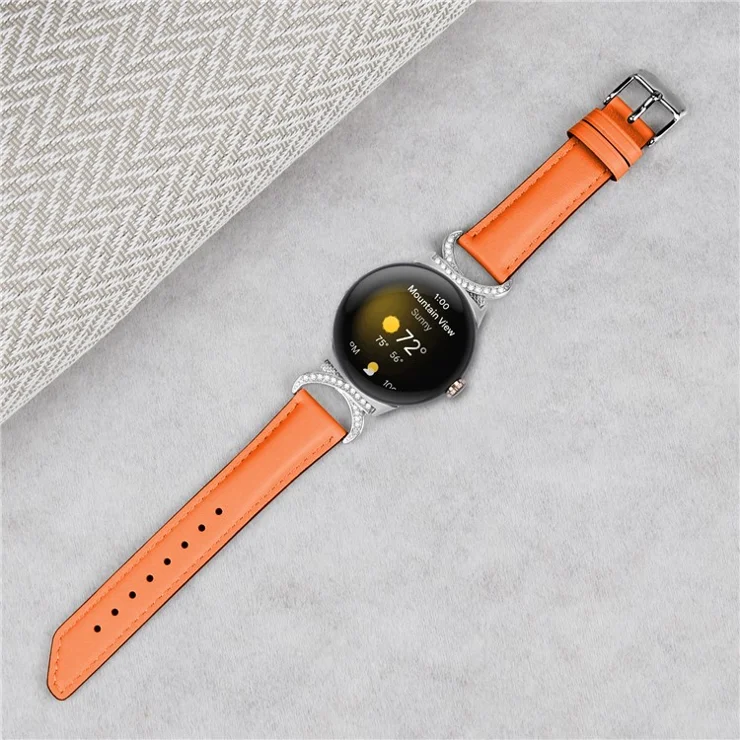 For Google Pixel Watch 2 / Pixel Watch Replacement Strap Rhinestone Decor D-shape Connector Split Leather Wrist Band with Silver Buckle - Orange