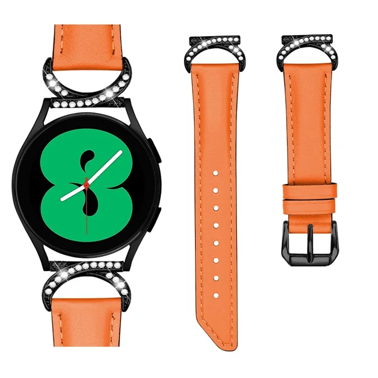 For Samsung Galaxy Watch 3 41mm / Watch 5 40mm / 44mm Replacement Wrist Band 20mm Rhinestone D-shape Connector Split Leather Strap with Black Buckle - Orange