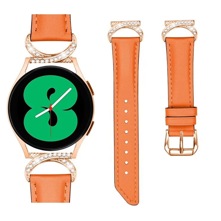 For Samsung Galaxy Watch 3 41mm / Watch 5 40mm / 44mm Split Leather Strap 20mm Rhinestone D-shape Connector Wrist Band with Rose Gold Buckle - Orange