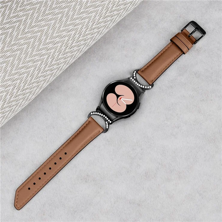 For Samsung Galaxy Watch6 40mm 44mm / Watch6 Classic 43mm 47mm / Watch 5 40mm 44mm / Watch4 40mm 44mm Split Leather Strap Rhinestone D-shape Connector Replacement Band with Black Buckle - Brown