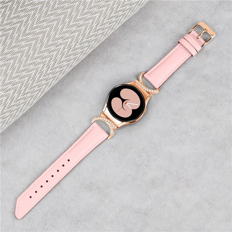 For Samsung Galaxy Watch6 40mm 44mm / Watch6 Classic 43mm 47mm / Watch 5 40mm 44mm / Watch4 40mm 44mm Rhinestone D-shape Connector Wrist Band Adjustable Split Leather Strap with Rose Gold Buckle - Pink