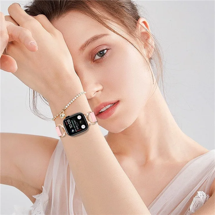Rhinestone Watch Band for Apple Watch Series 10 42mm / 9 8 7 41mm / SE (2023) SE (2022) SE 6 5 4 40mm / 3 2 1 38mm Genuine Cowhide Leather Strap with Rose Gold Buckle - Pink