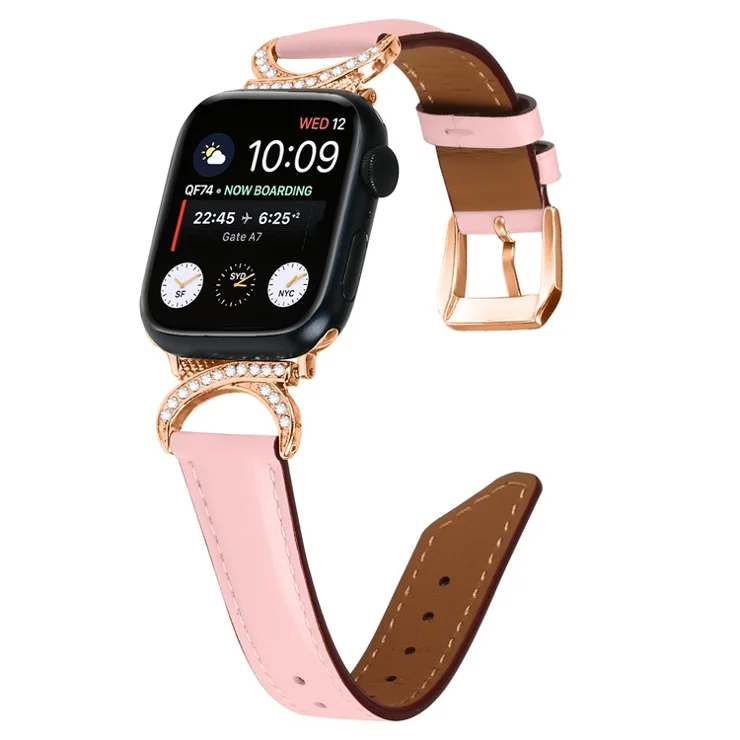 Watch Band for Apple Watch Series 10 46mm / Ultra 2 Ultra 49mm / Series 9 8 7 45mm / 6 5 4 SE (2023) SE (2022) SE 44mm / 3 2 1 42mm Genuine Cowhide Leather Strap with Rose Gold Buckle - Pink