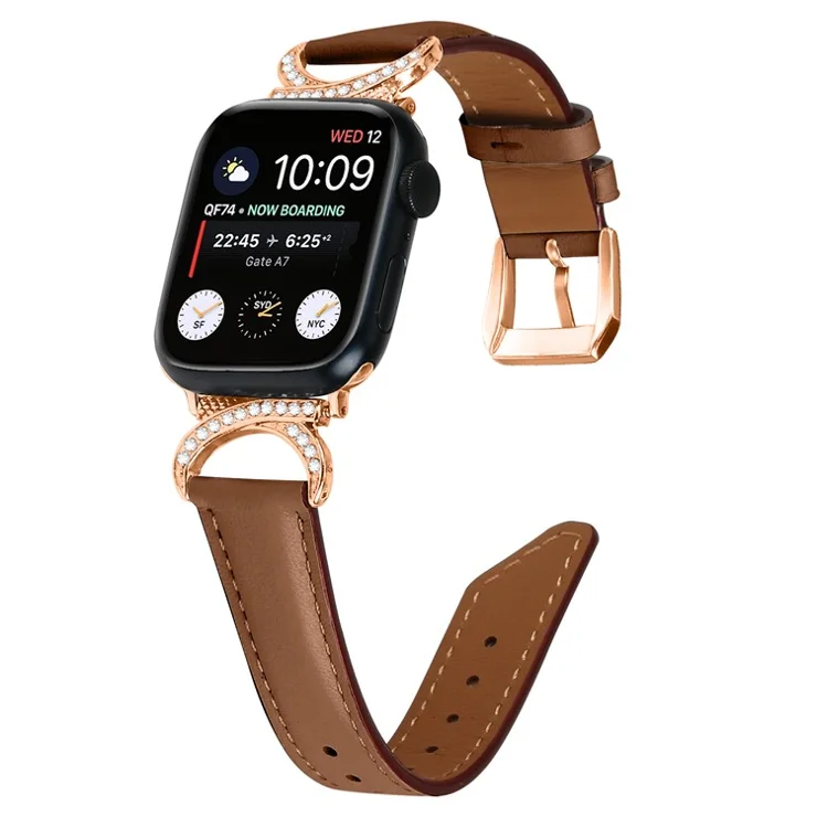 Watch Band for Apple Watch Series 10 46mm / Ultra 2 Ultra 49mm / Series 9 8 7 45mm / 6 5 4 SE (2023) SE (2022) SE 44mm / 3 2 1 42mm Genuine Cowhide Leather Strap with Rose Gold Buckle - Brown