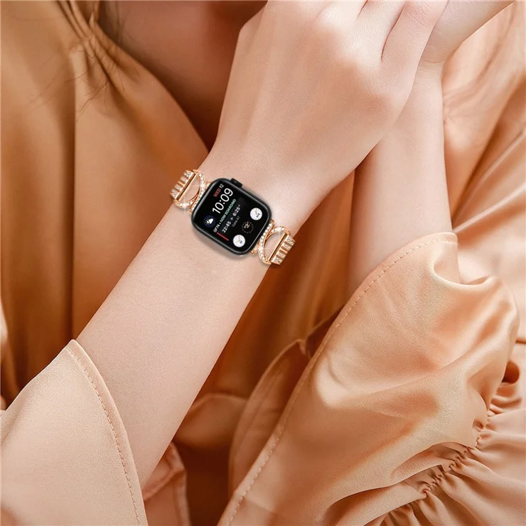 Watch Band for Apple Watch Series 10 42mm / 9 8 7 41mm / SE (2023) SE (2022) SE 6 5 4 40mm / 3 2 1 38mm Stainless Steel Rhinestone Decor 5-Bead Strap - Rose Gold