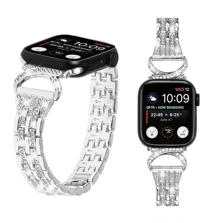 Metal Watch Band for Apple Watch Series 10 46mm / Ultra 2 Ultra 49mm / Series 9 8 7 45mm / 6 5 4 SE (2023) SE (2022) SE 44mm / 3 2 1 42mm , 5-Bead Rhinestone Decor Stainless Steel Bracelet - Silver