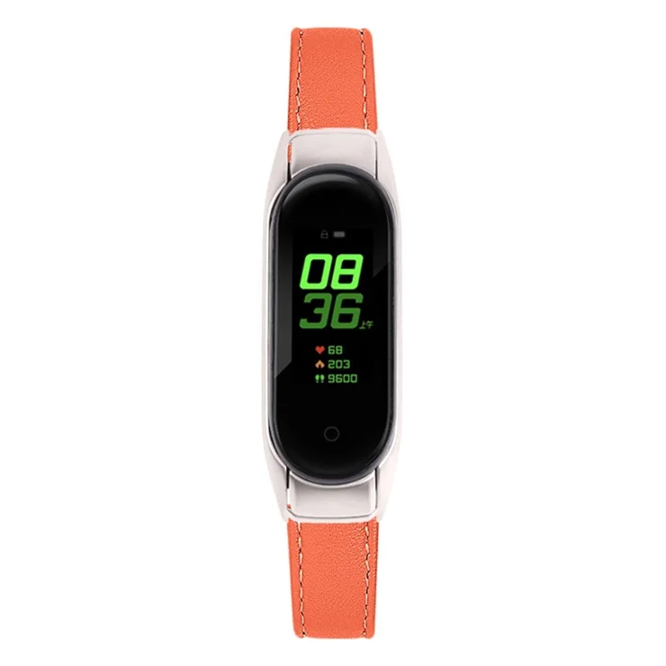 For Xiaomi Smart Band 8 Watch Bands Genuine Cowhide Leather Straps with Silver Watch Case - Orange