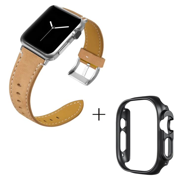 For Apple Watch Ultra 49mm Watch Band Genuine Cow Leather Strap with Black PC Watch Case - Coffee
