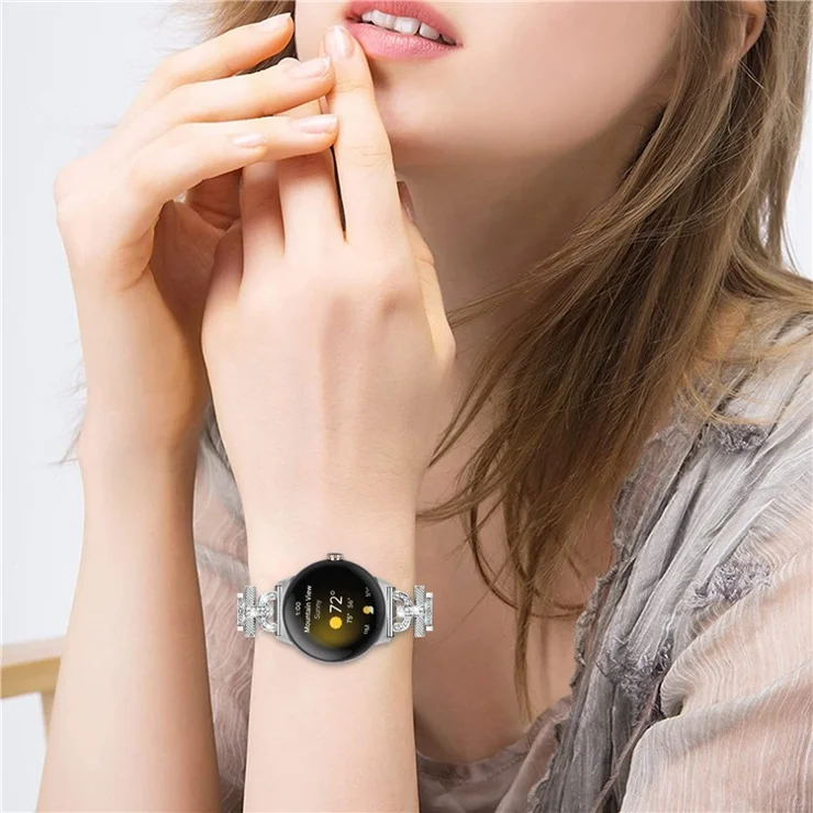 For Google Pixel Watch 2 / Pixel Watch 3-Bead Rhinestone Decor Stainless Steel Strap Watch Band Replacement - Silver