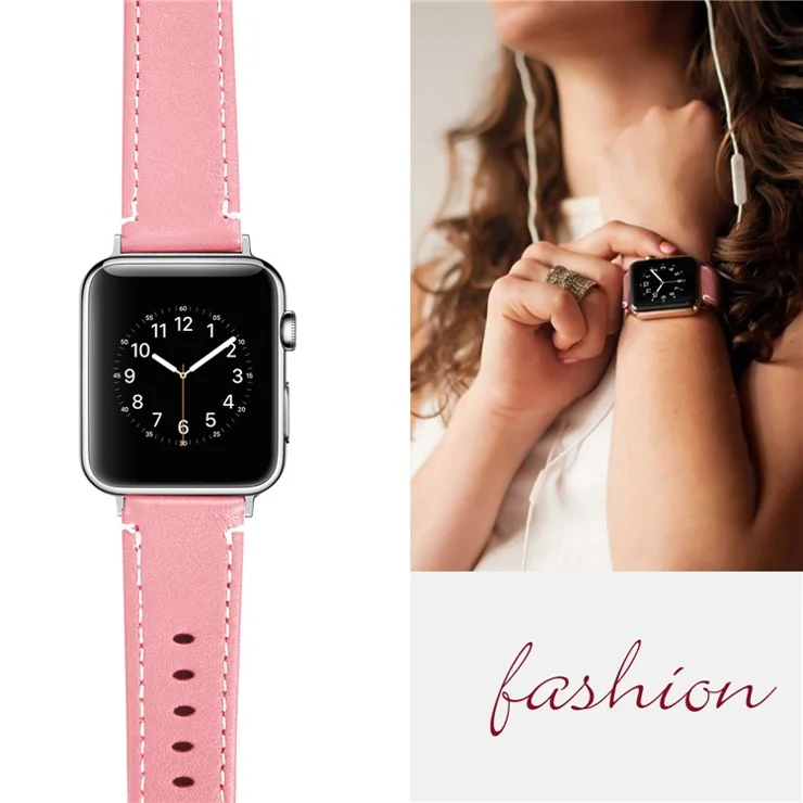 For Apple Watch Ultra 49mm Sport Wrist Strap Genuine Cow Leather Band with Rose Gold PC Watch Case - Pink