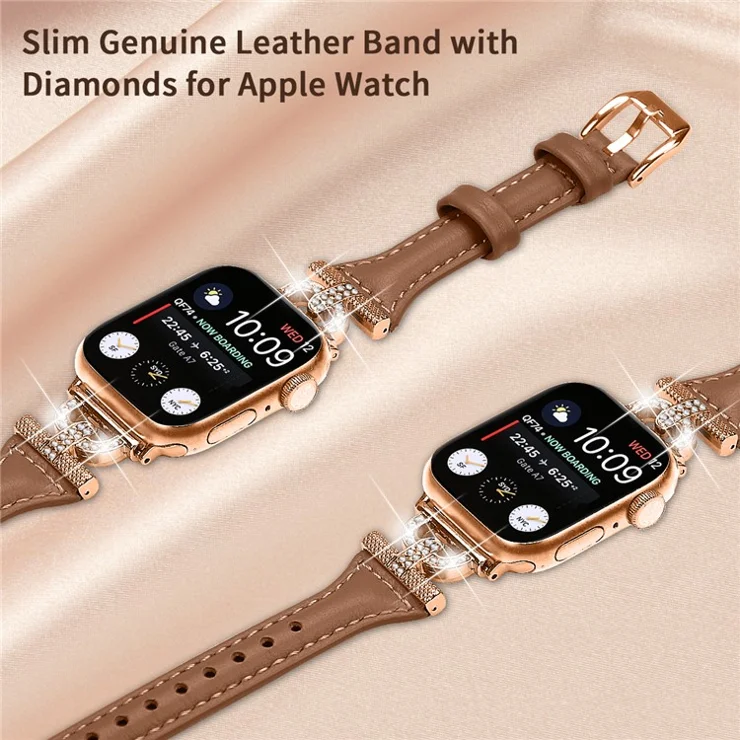 Band for Apple Watch Series 10 46mm / Ultra 2 Ultra 49mm / Series 9 8 7 45mm / 6 5 4 SE (2023) SE (2022) SE 44mm / 3 2 1 42mm , Rhinestone Genuine Cow Leather Strap with Rose Gold Buckle - Brown