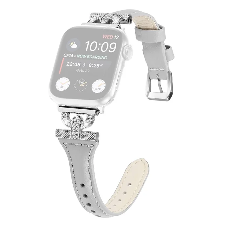 Silver Buckle Watch Band for Apple Watch Series 10 46mm / Ultra 2 Ultra 49mm / Series 9 8 7 45mm / 6 5 4 SE (2023) SE (2022) SE 44mm / 3 2 1 42mm , Rhinestone Decor Genuine Cow Leather Strap - Grey