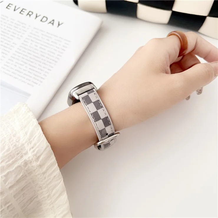 Replacement Watch Band for Xiaomi Smart Band 9 NFC / 9 / 8 NFC / 8 Genuine Cow Leather Grids Pattern Watch Strap - White