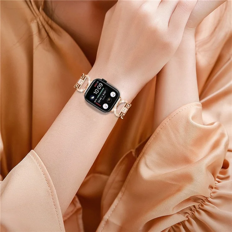 For Apple Watch Series 7 / 8 41mm Alloy Strap Rhinestones Decor X-shape Wrist Band + Clear PC Watch Frame - Rose Gold