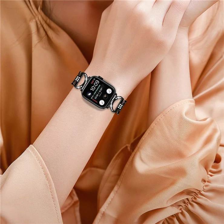 For Apple Watch Series 4 / 5 / 6 / SE / SE (2022) 44mm Rhinestone Watchband X-shape Alloy Strap + PC Clear Watch Case - Black