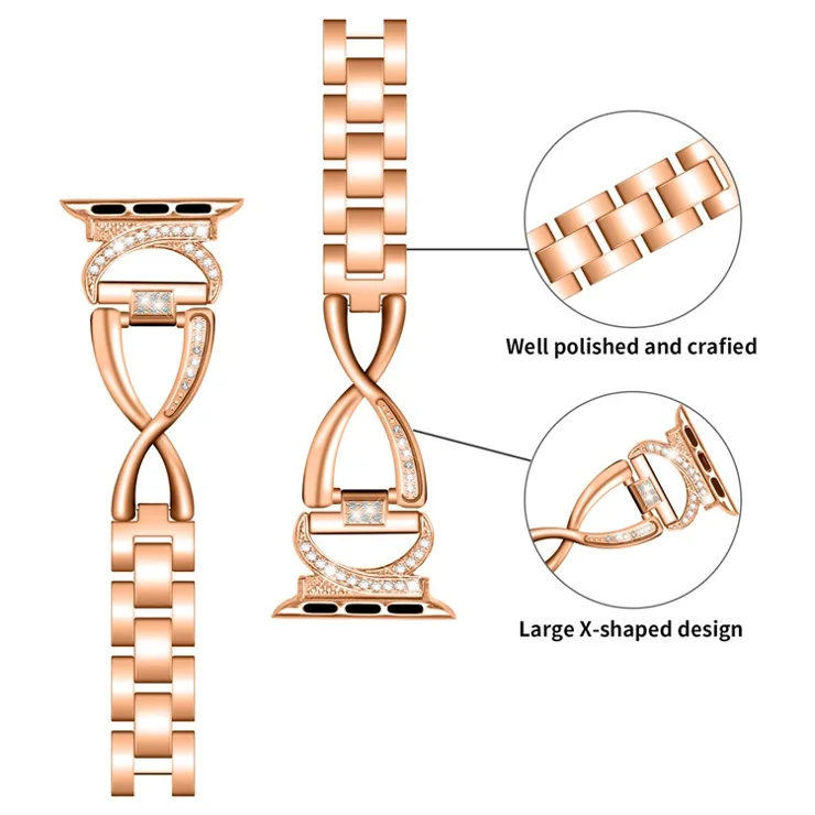 For Apple Watch Series 7 / 8 45mm X-shape Rhinestones Alloy Watch Strap + PC Protective Watch Case - Rose Gold