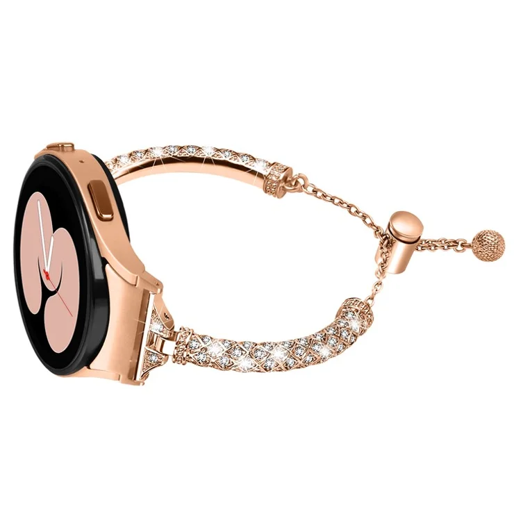 Metal Watch Band for Samsung Galaxy Watch 6 40mm 44mm , Rhinestone Decor Copper Strap Bracelet with Connector - Rose Gold