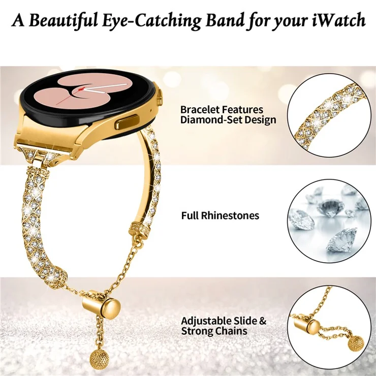 Copper Watch Band for Samsung Galaxy Watch6 40mm 44mm / Watch6 Classic 43mm 47mm / Watch 5 40mm 44mm / Watch4 40mm 44mm , Rhinestone Decor Bracelet with Connector - Gold