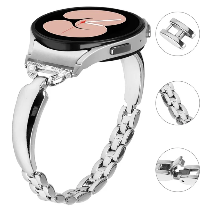 Watch Band for Samsung Galaxy Watch6 40mm 44mm / Watch6 Classic 43mm 47mm / Watch 5 40mm 44mm / Watch4 40mm 44mm , Rhinestone Decor Copper Bracelet with Connector - Silver