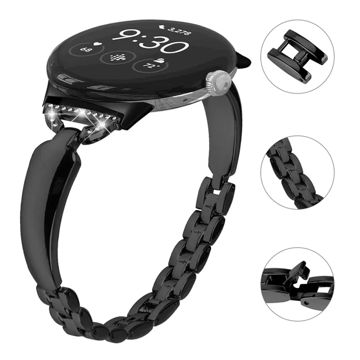 For Google Pixel Watch 2 / Pixel Watch Bling Band D-shaped Rhinestone Decor Copper Metal Bracelet Watch Strap - Black