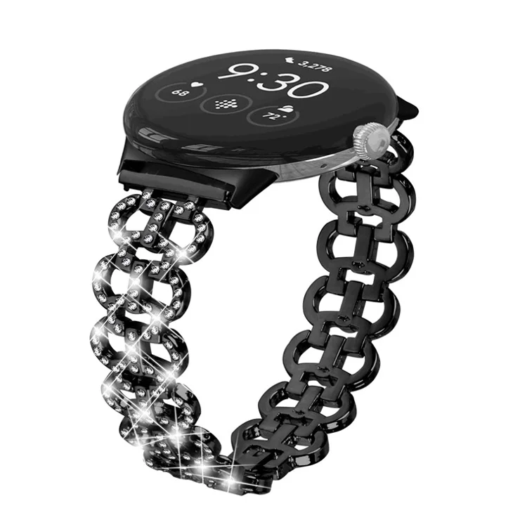 For Google Pixel Watch 2 / Pixel Watch Gourd Shape Rhinestones Decor Watch Strap Zinc Alloy Replacement Band - Black