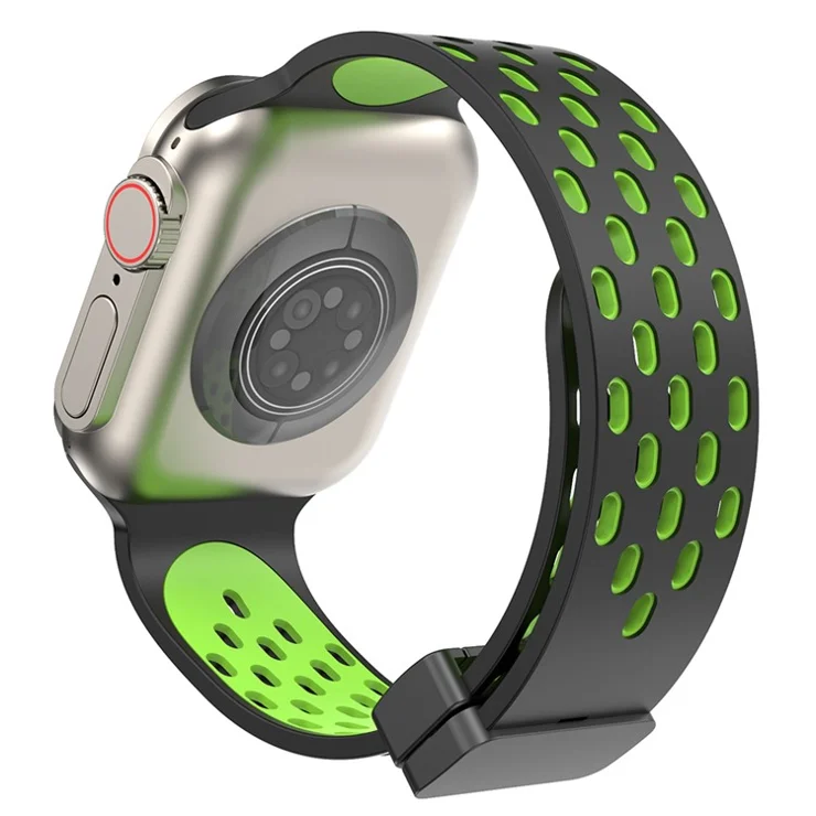 Magnetic Watch Strap for Apple Watch Series 10 42mm / 9 8 7 41mm / SE (2023) SE (2022) SE 6 5 4 40mm / 3 2 1 38mm Dual-Color Silicone Band Bracelet - Black+Green