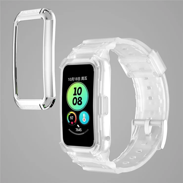 For Huawei Band 6 / Band 7 / Band 8 / Band 8 NFC / Band 9 / Band 9 NFC TPU Watch Strap + Hard PC Case Smartwatch Band - Silver+Transparent