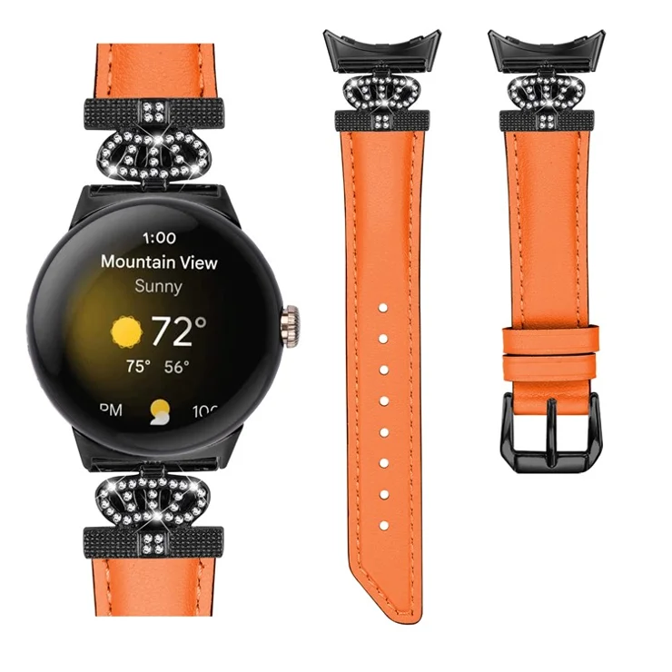 Black Buckle Watch Strap for Google Pixel Watch / Pixel Watch 2 Genuine Cowhide Leather Band with Crown Rhinestone - Orange