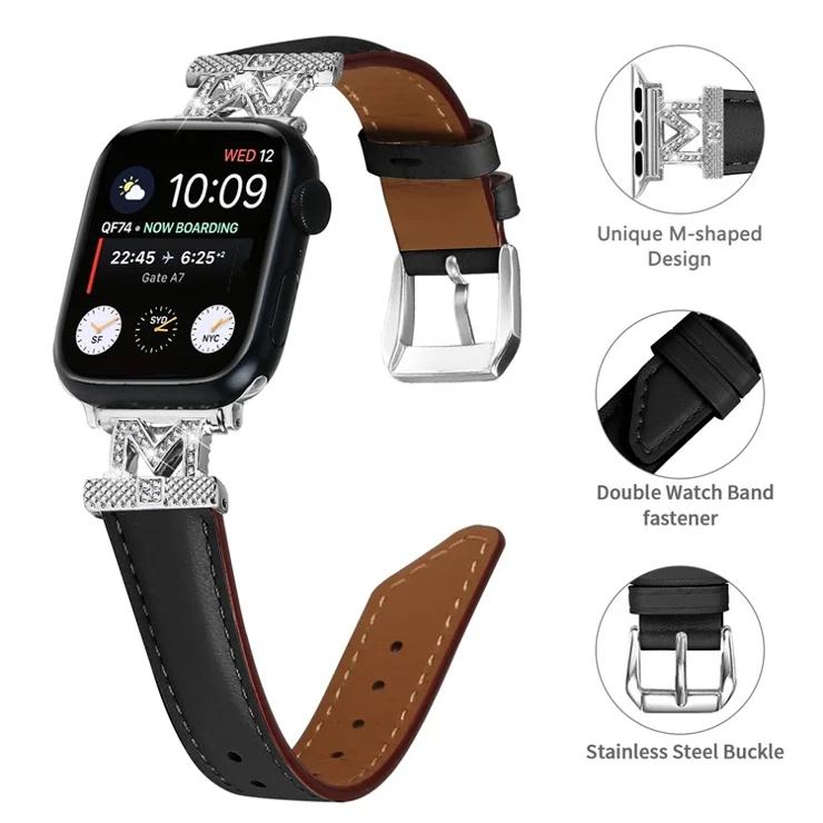 Watch Strap for Apple Watch Series 10 42mm / 9 8 7 41mm / SE (2023) SE (2022) SE 6 5 4 40mm / 3 2 1 38mm Silver Buckle Watch Band - Black
