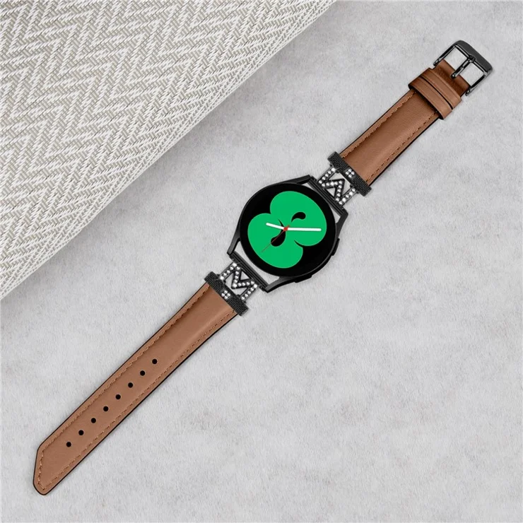 Rhinestone M-shape 20mm Band for Samsung Galaxy Watch3 41mm 45mm / Watch 5 40mm 44mm , Genuine Cow Leather Watch Strap with Black Buckle - Brown