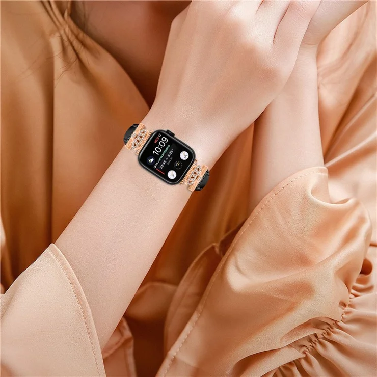 Rose Gold Buckle Wristband for Apple Watch Series 10 46mm / Ultra 2 Ultra 49mm / Series 9 8 7 45mm / 6 5 4 SE (2023) SE (2022) SE 44mm / 3 2 1 42mm Strap - Black